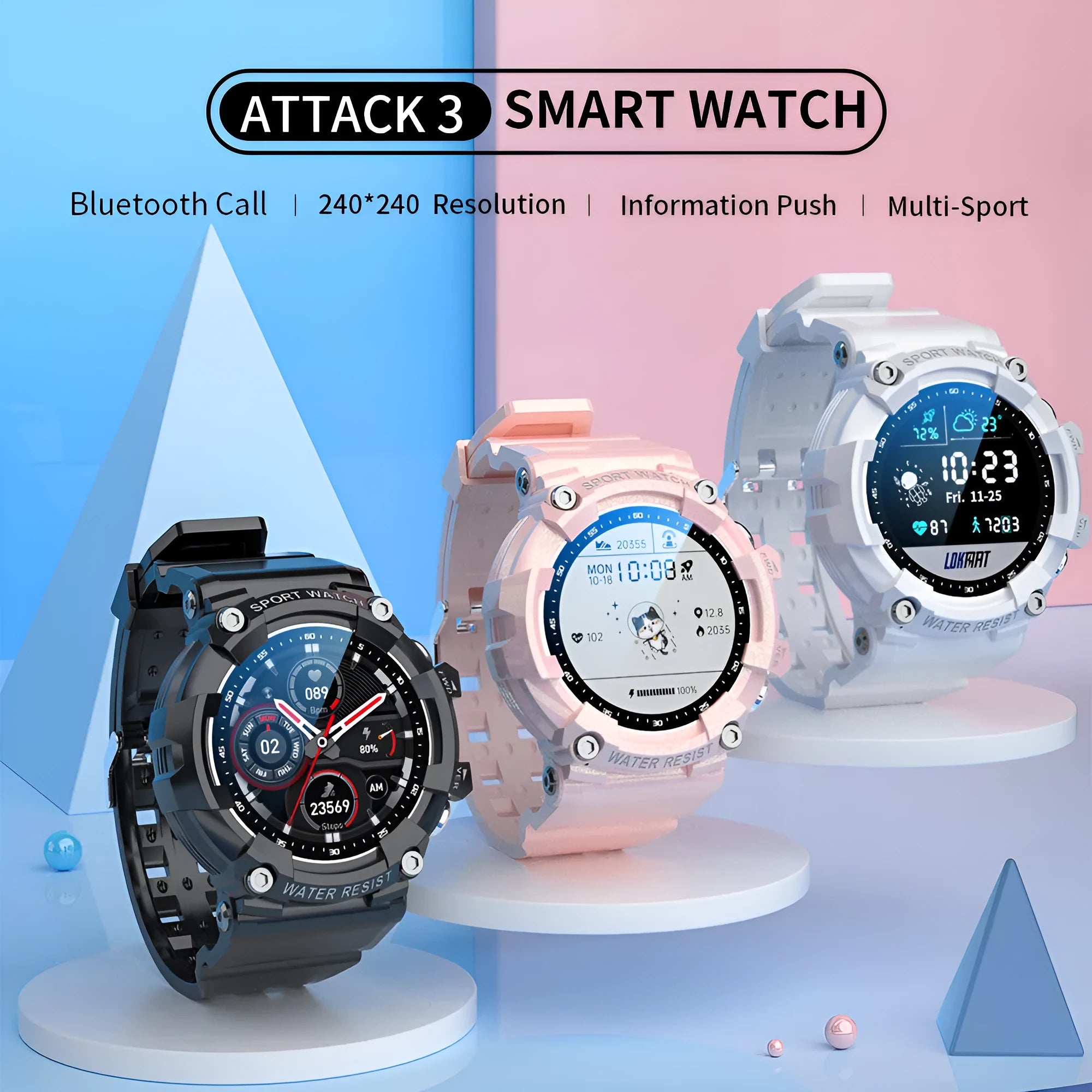ATTACK 3 smart sports watch with round colour screen and TPU strap in black, pink, or white