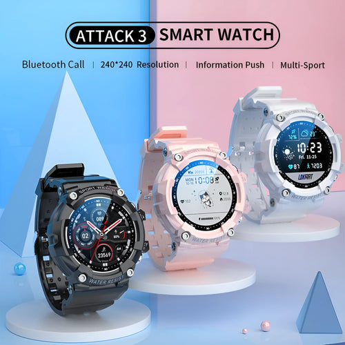 ATTACK 3 smart sports watch with round colour screen and TPU strap in black, pink, or white