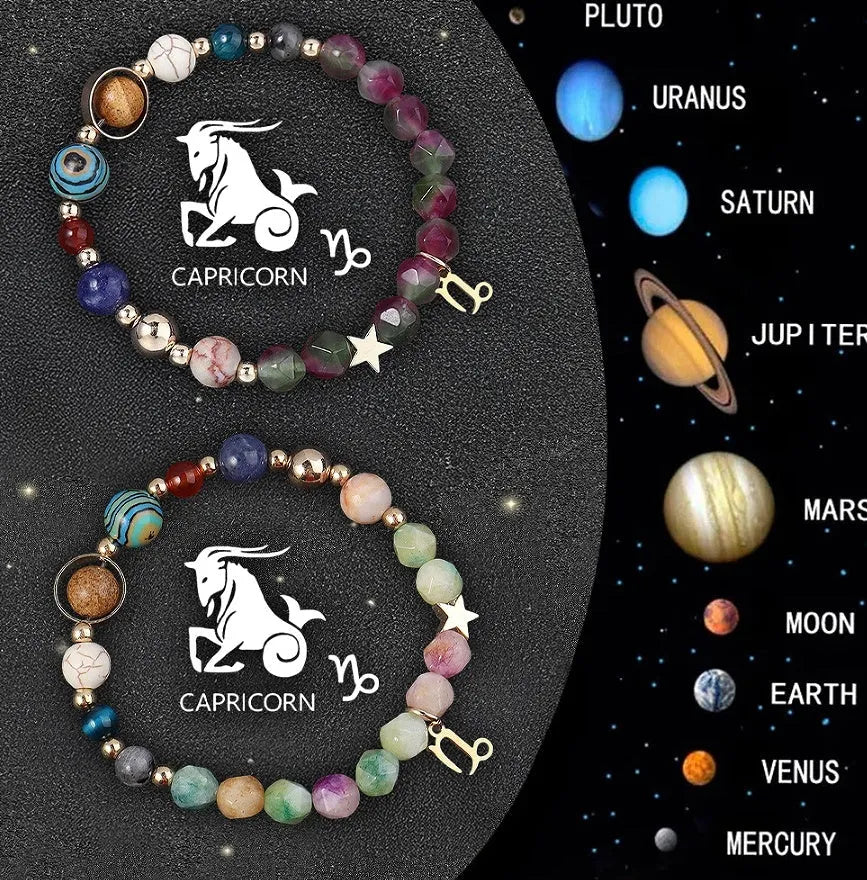 Set of two natural stone beaded bracelets on a wrist, each representing a different zodiac sign style.