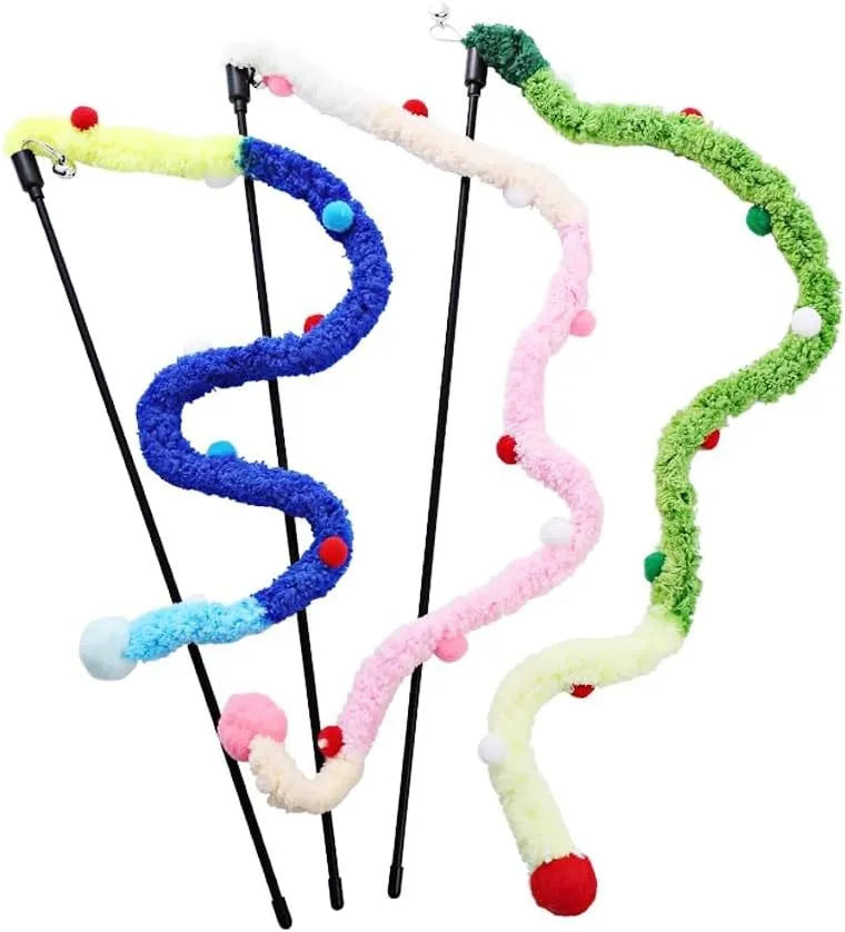 Blue interactive cat wand toy with plush strip, fluffy ball, and bell on a 41cm pole.
