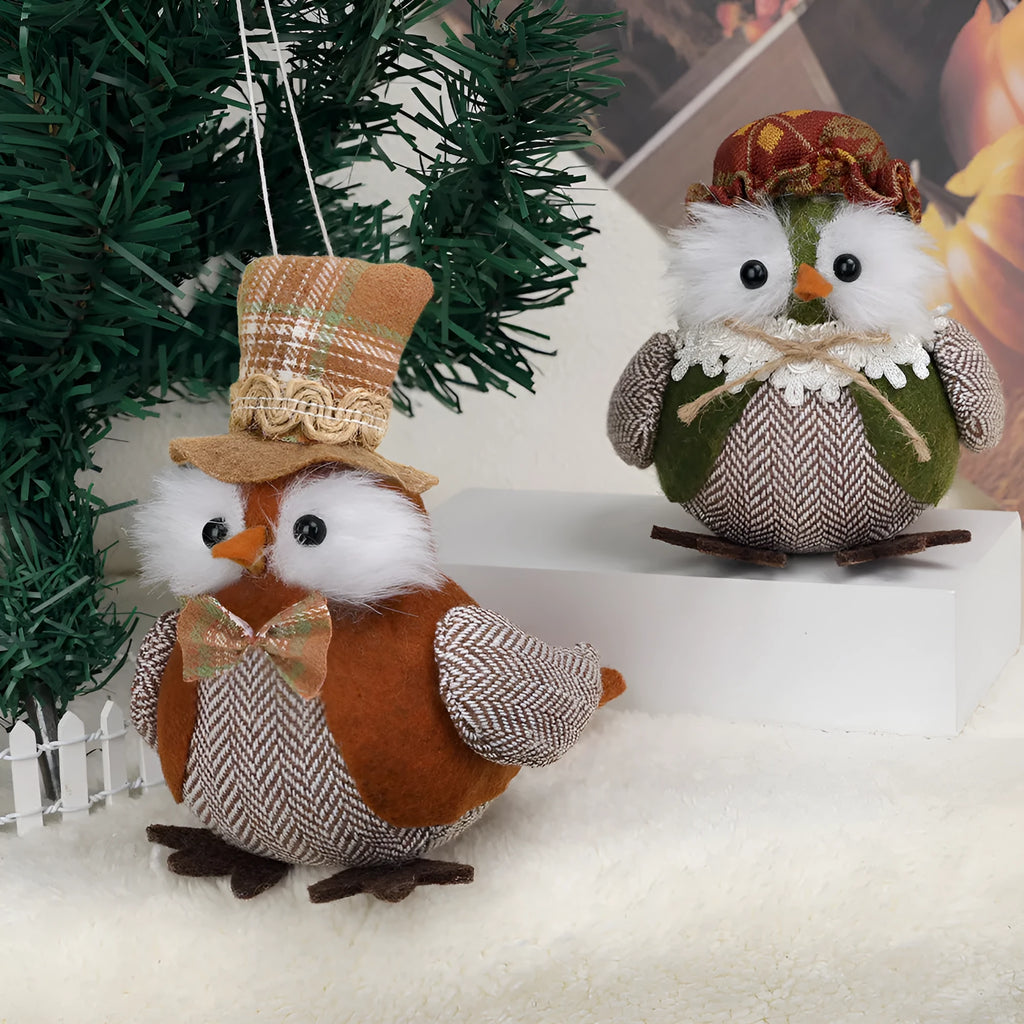 Thanksgiving owl bird ornament in orange or green polyester cloth as a window pendant.
