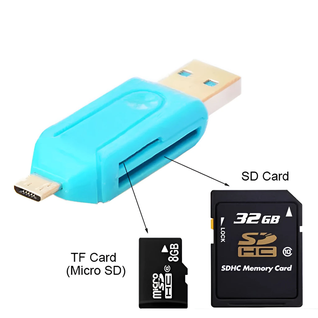 OTG card reader with micro USB connector for Android phones and standard USB for computers