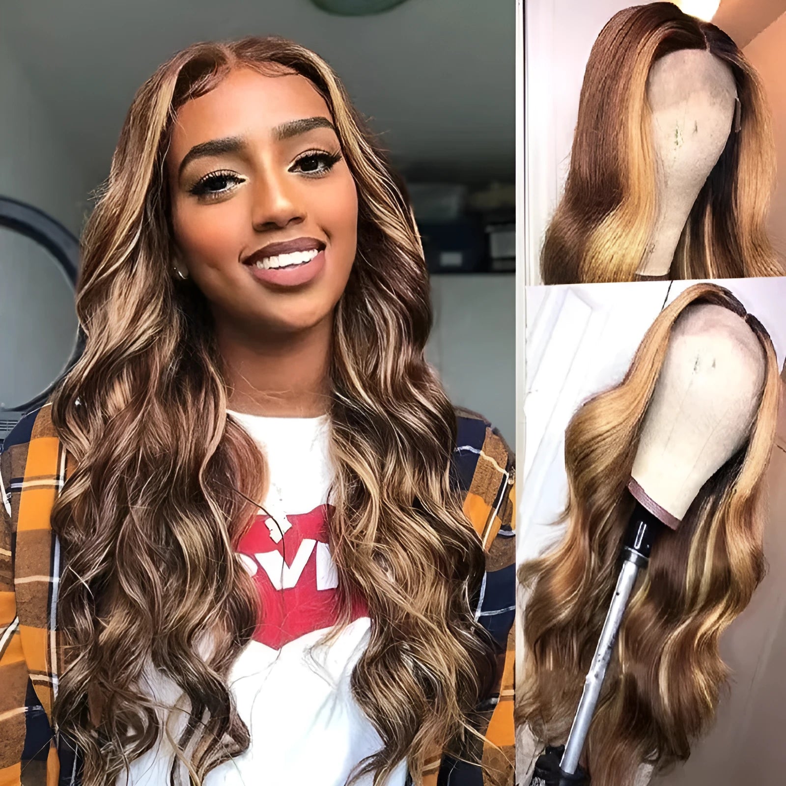 Front lace wig with African black gradient colour and big wave pattern, showing side bangs style