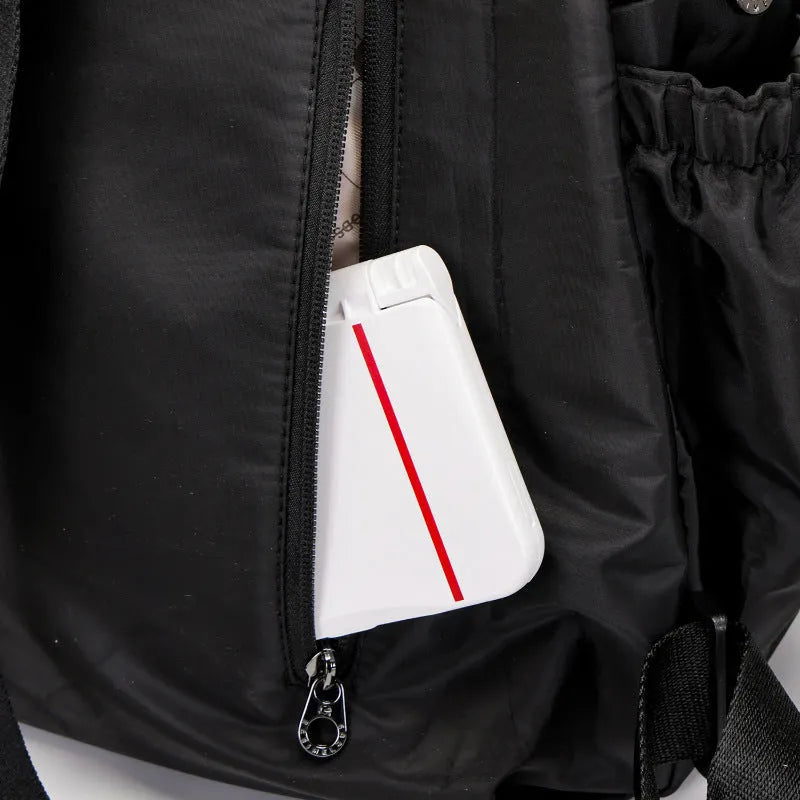 Women's large capacity backpack showing sandwich pocket design and 48cm height dimensions