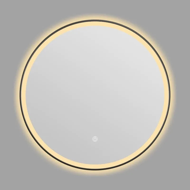 Black frame round smart LED bathroom mirror with touch control mounted on wall