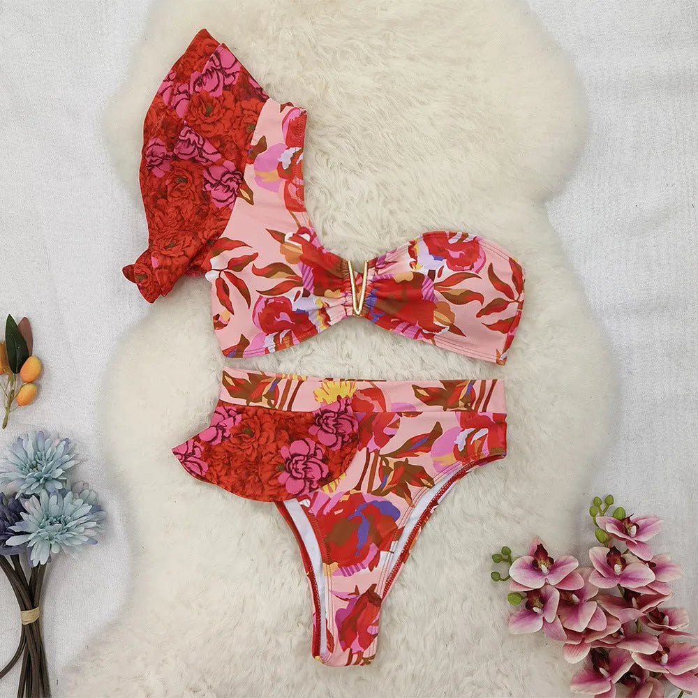Women's one-shoulder ruffled floral print bikini with high-waist briefs in pink and red colours