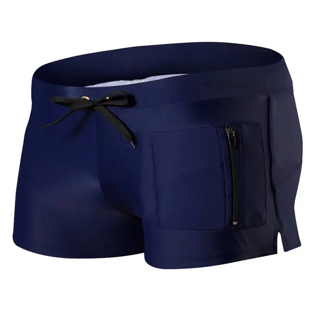 Men's black high-waist swimming trunks with a lace-up front and briefs style.