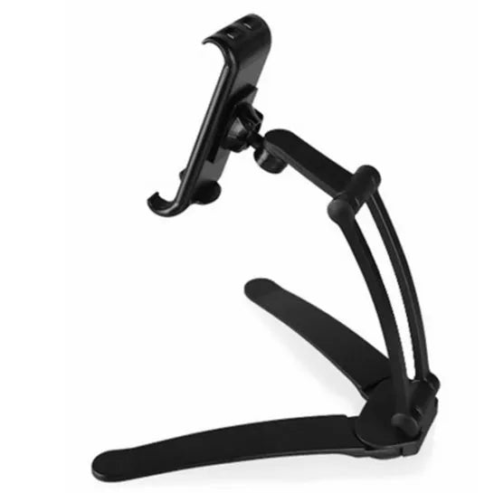 Silver aluminium alloy desktop tablet stand holding a tablet at an adjustable angle with a white mounting base.
