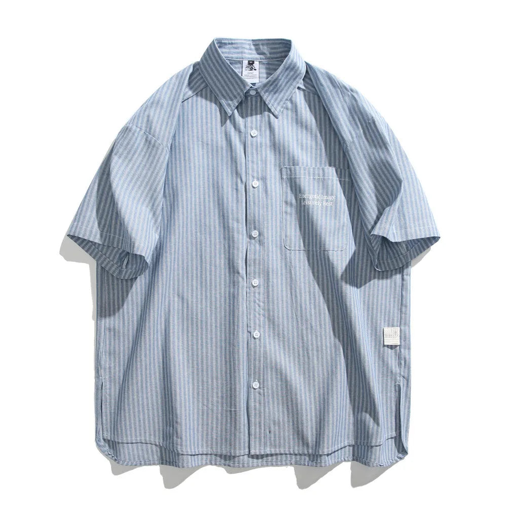 Blue striped short-sleeved cardigan-style shirt with loose fit and cotton blend fabric