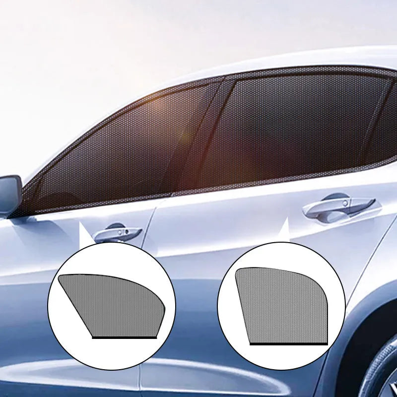 Car side window sunshade mesh cover installed on vehicle door with elastic strip fixation