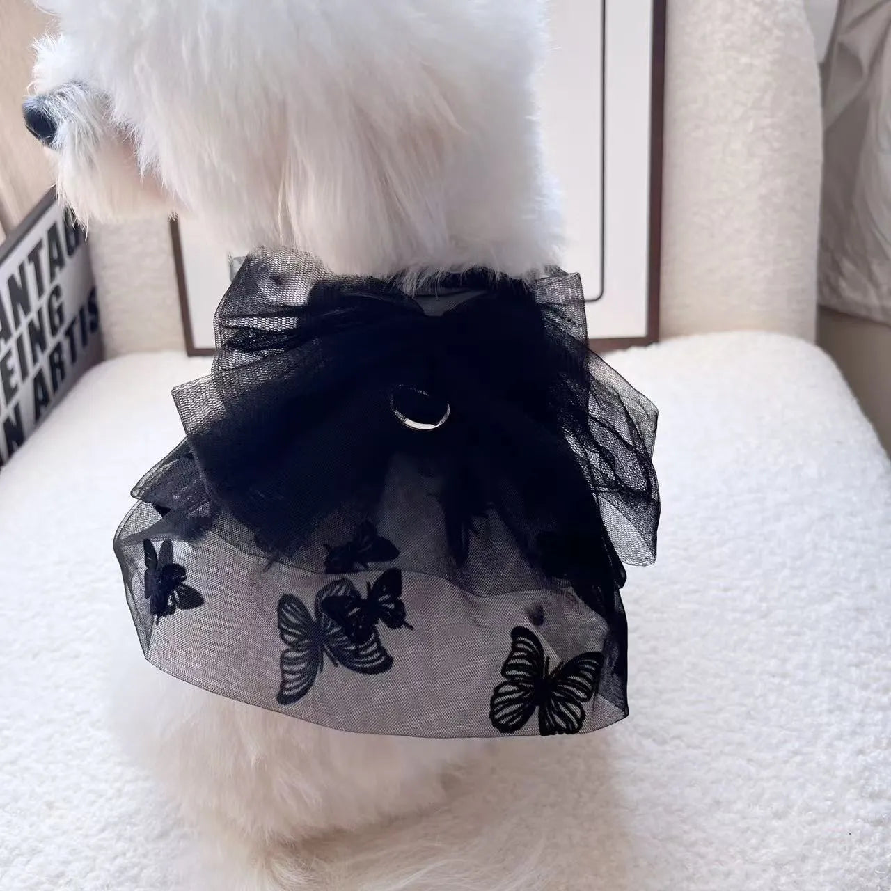 Black polyester princess tulle skirt for small dogs and cats with size chart showing chest and back measurements