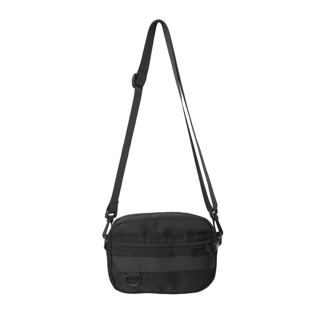 Men's nylon messenger bag with crossbody strap in street trend style showing sewing thread detailing