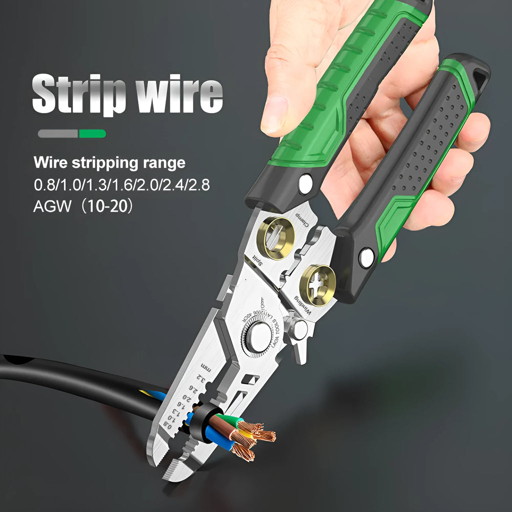 Stainless steel 7-in-1 wire stripper with straight handle and seven precision ports from 0.8mm to 3.2mm