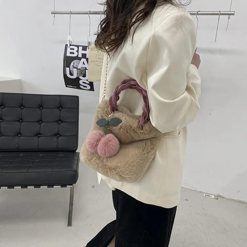 Large capacity soft plush travel bucket bag with open pocket in milky white colour