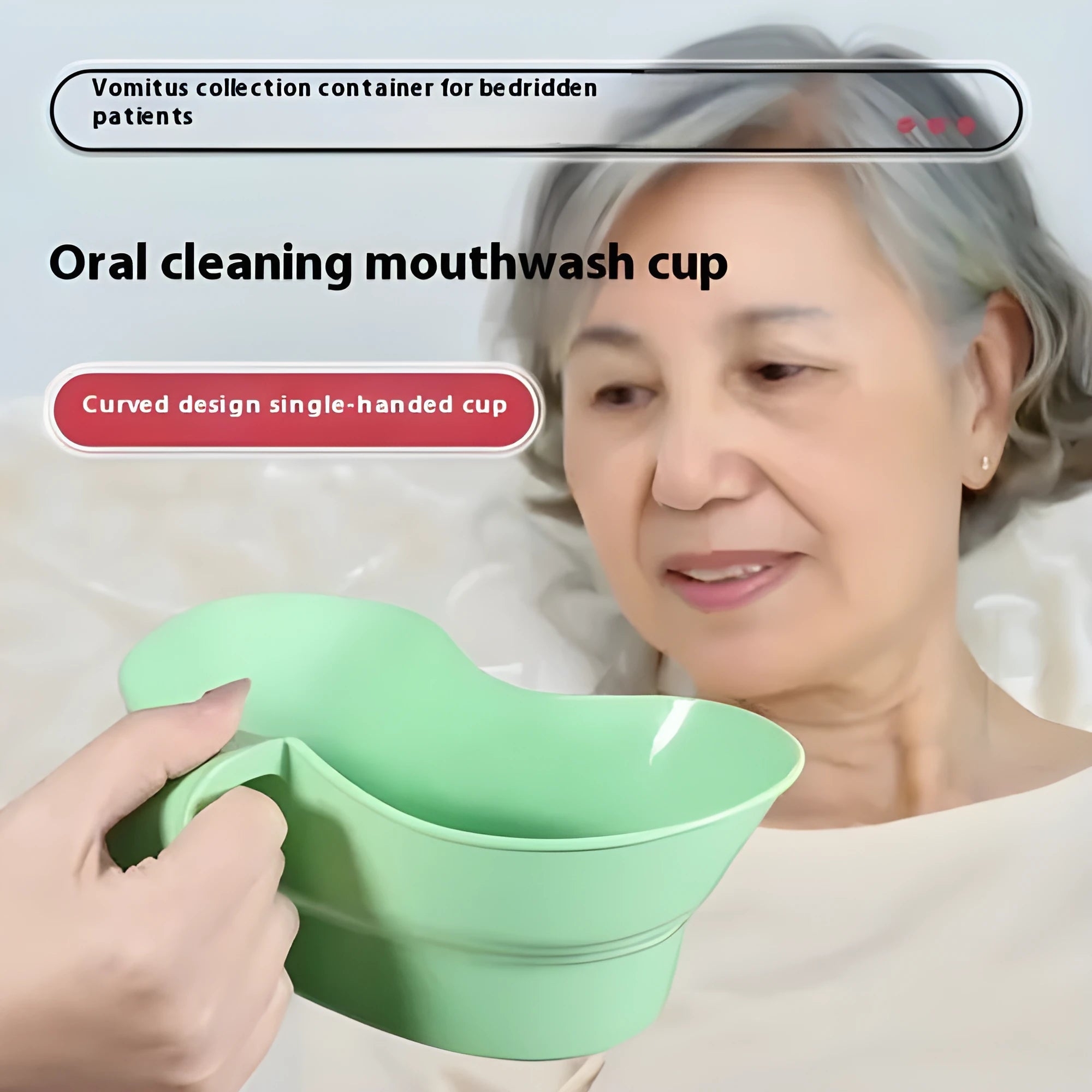 Green plastic nursing gargle cup with specialised spout for bedridden patient oral care