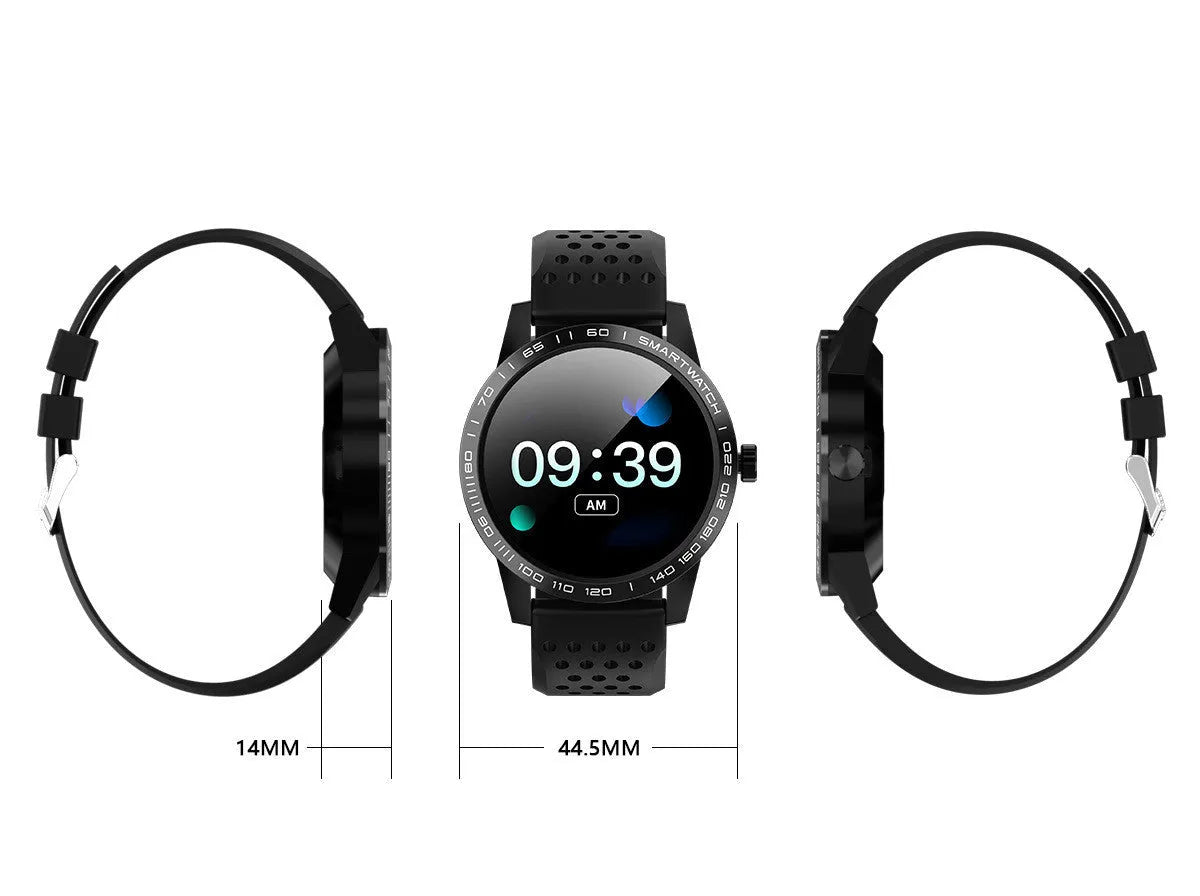 Black smart bracelet with a colour screen showing heart rate data on a wrist.