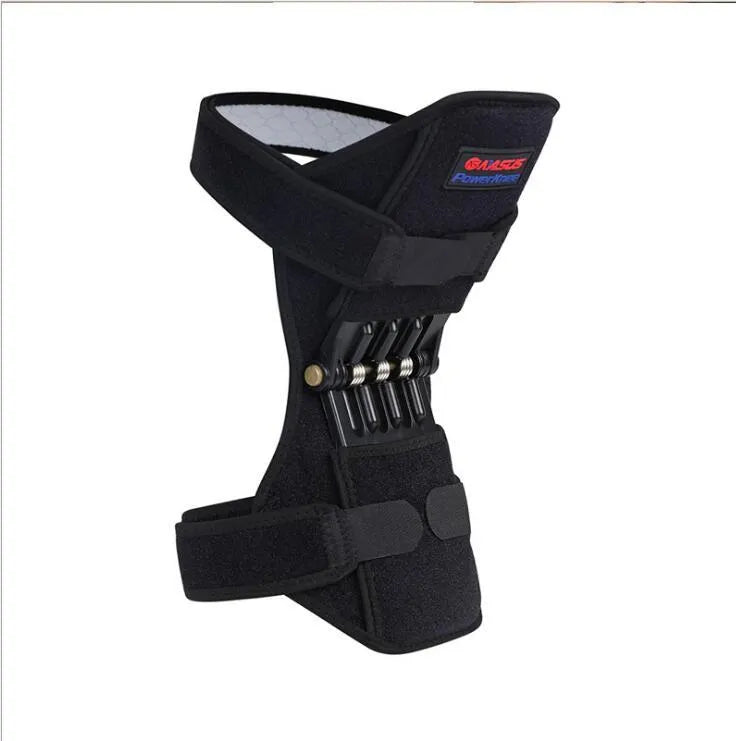 Adjustable black spring knee brace with straps and venting holes for sports support.