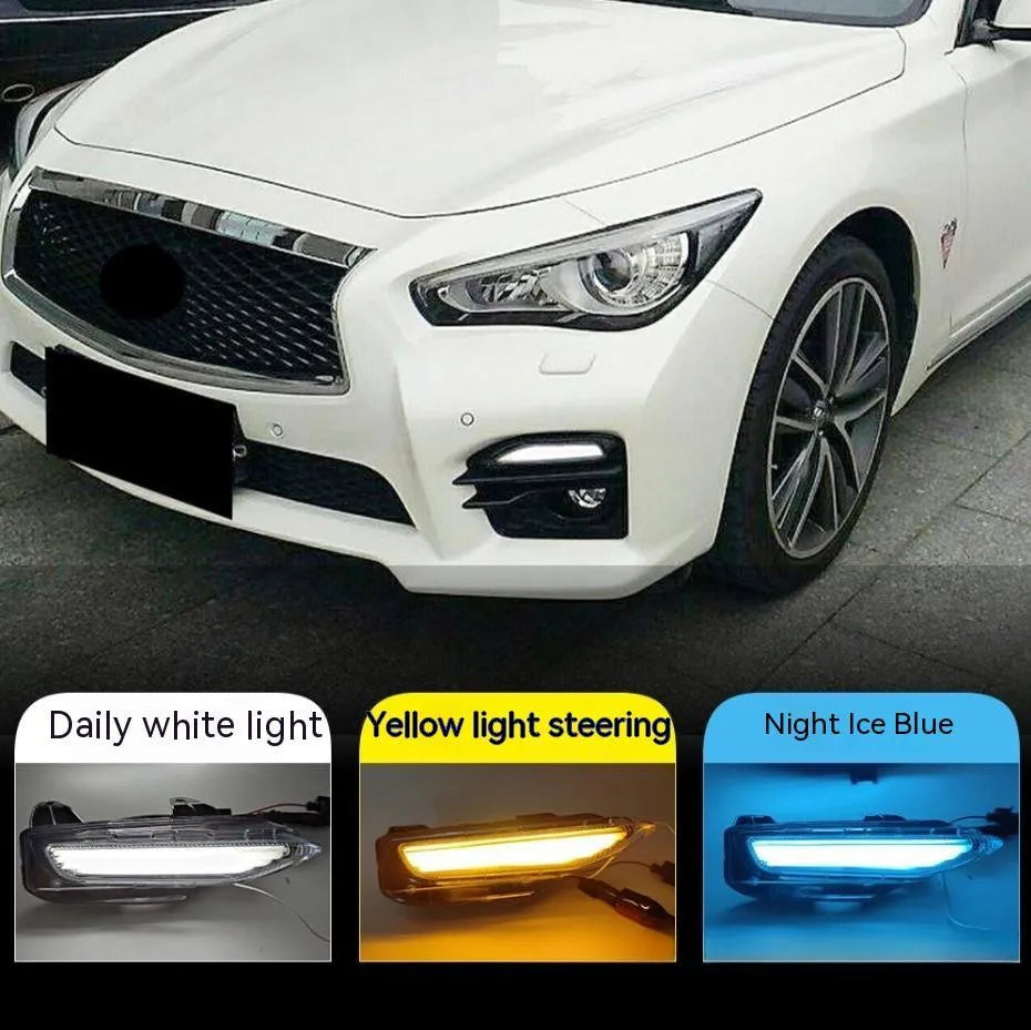 Infiniti Q50 Q70 front bumper LED daytime running light and turn signal unit with ABS housing.