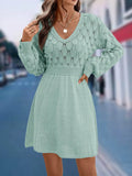 V-neck ethnic style beach dress with artistic retro design featuring 3D pattern and high waist construction