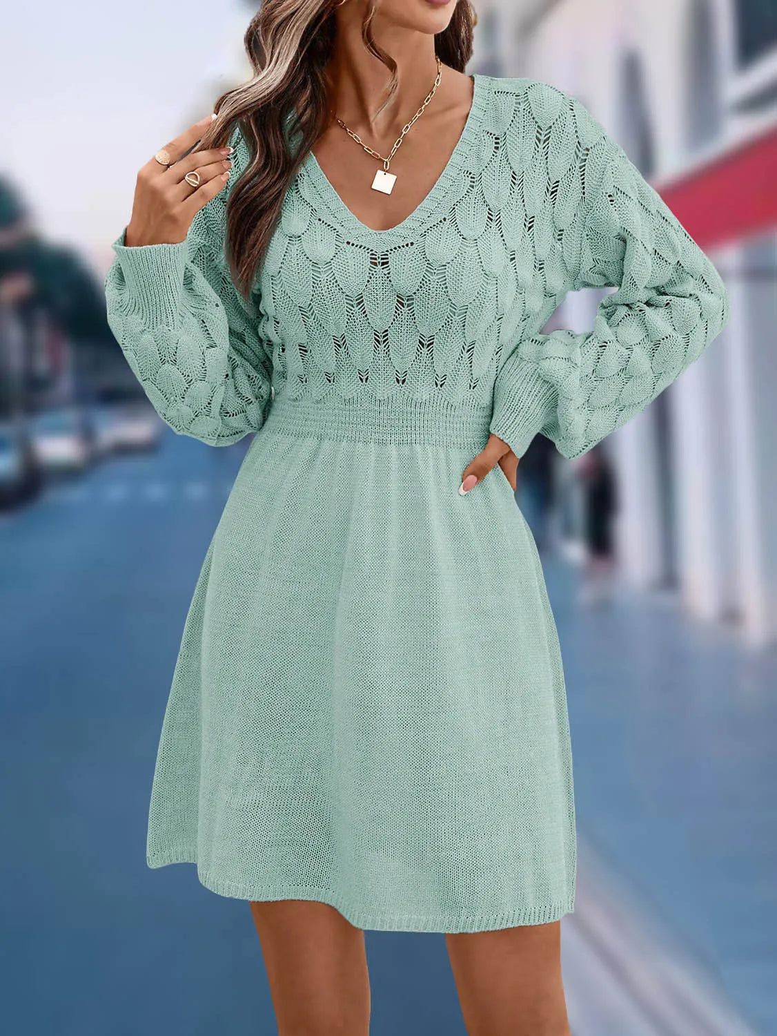 V-neck ethnic style beach dress with artistic retro design featuring 3D pattern and high waist construction