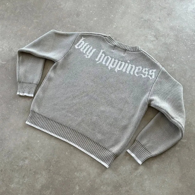 Grey jacquard knitwear coat with loose-fitting pullover style and long sleeves for autumn winter wear