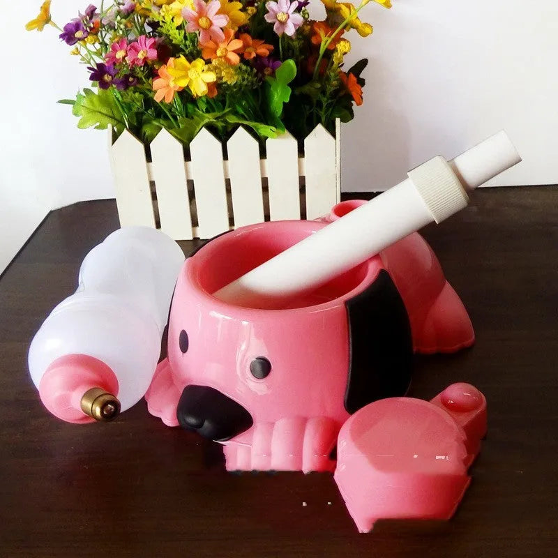 Adjustable height pet drinking bowl with rod lifting mechanism in blue, pink or yellow colours