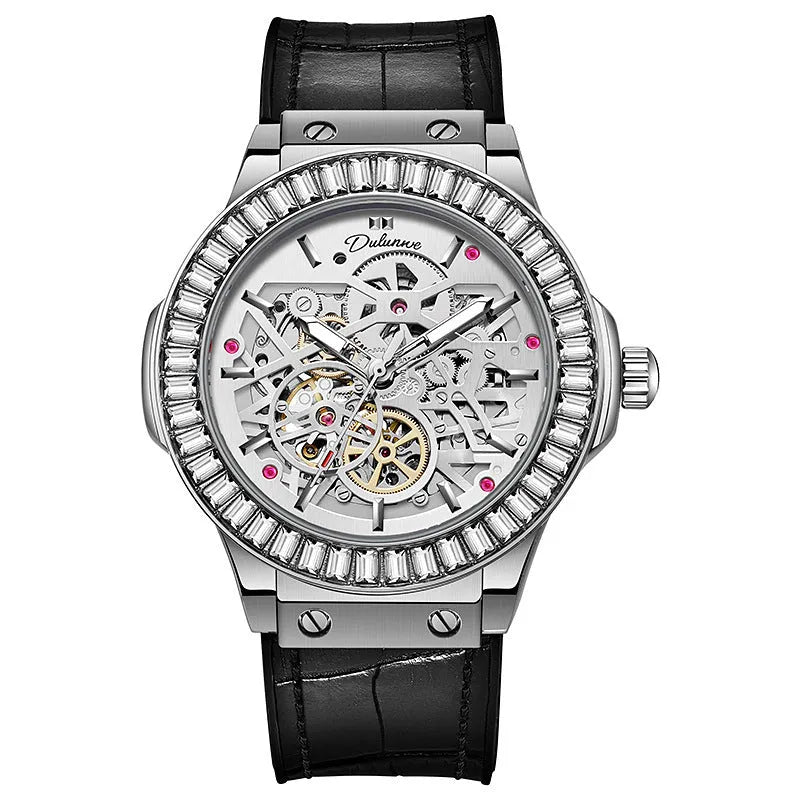 Automatic mechanical men's watch with hollow movement and diamond studding on white shell case