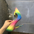 Rainbow patent leather women's high heels with pointed toe and ultra-high thin stiletto heel.