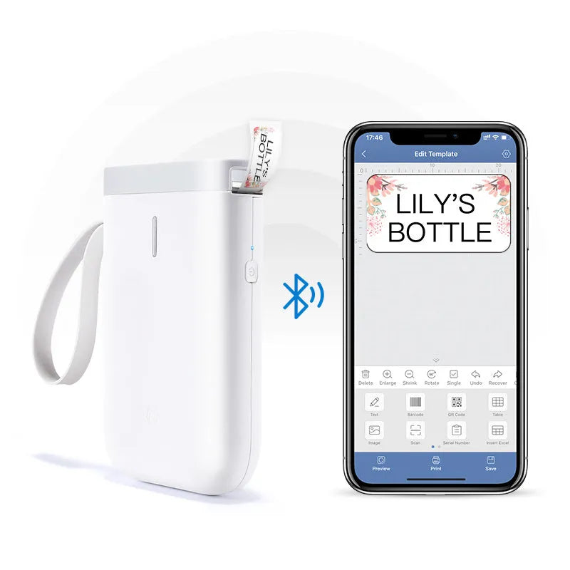 D11 Bluetooth-compatible portable label printer in black, white, pink, or green.