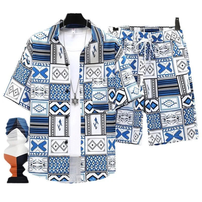 Men's casual two-piece shorts set in polyester, showing short-sleeve top and matching shorts.