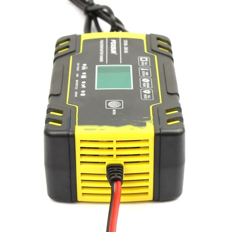 Motorcycle car battery charger with digital screen display showing 12V 24V outputs