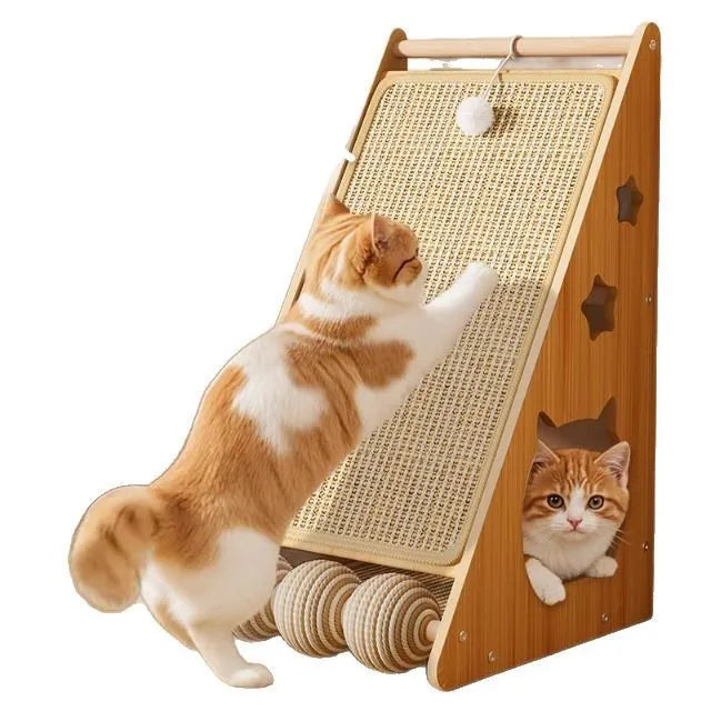 Vertical cat scratch board with hemp rope and sisal surface, wall-mounted design