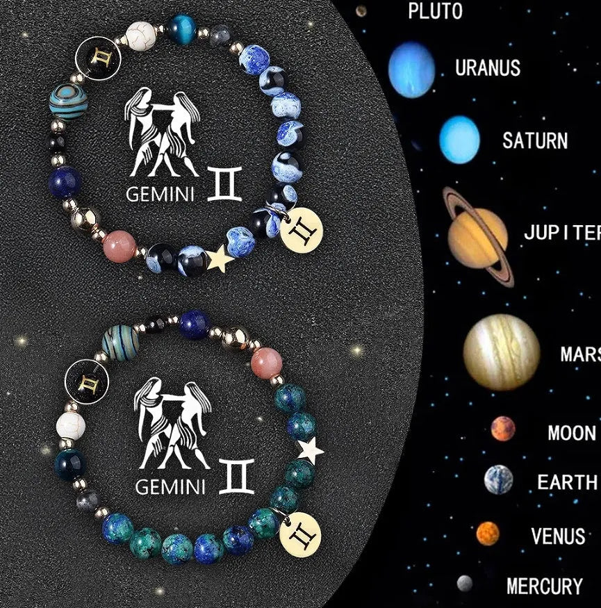 Set of two natural stone beaded zodiac bracelets on a stretch elastic cord.