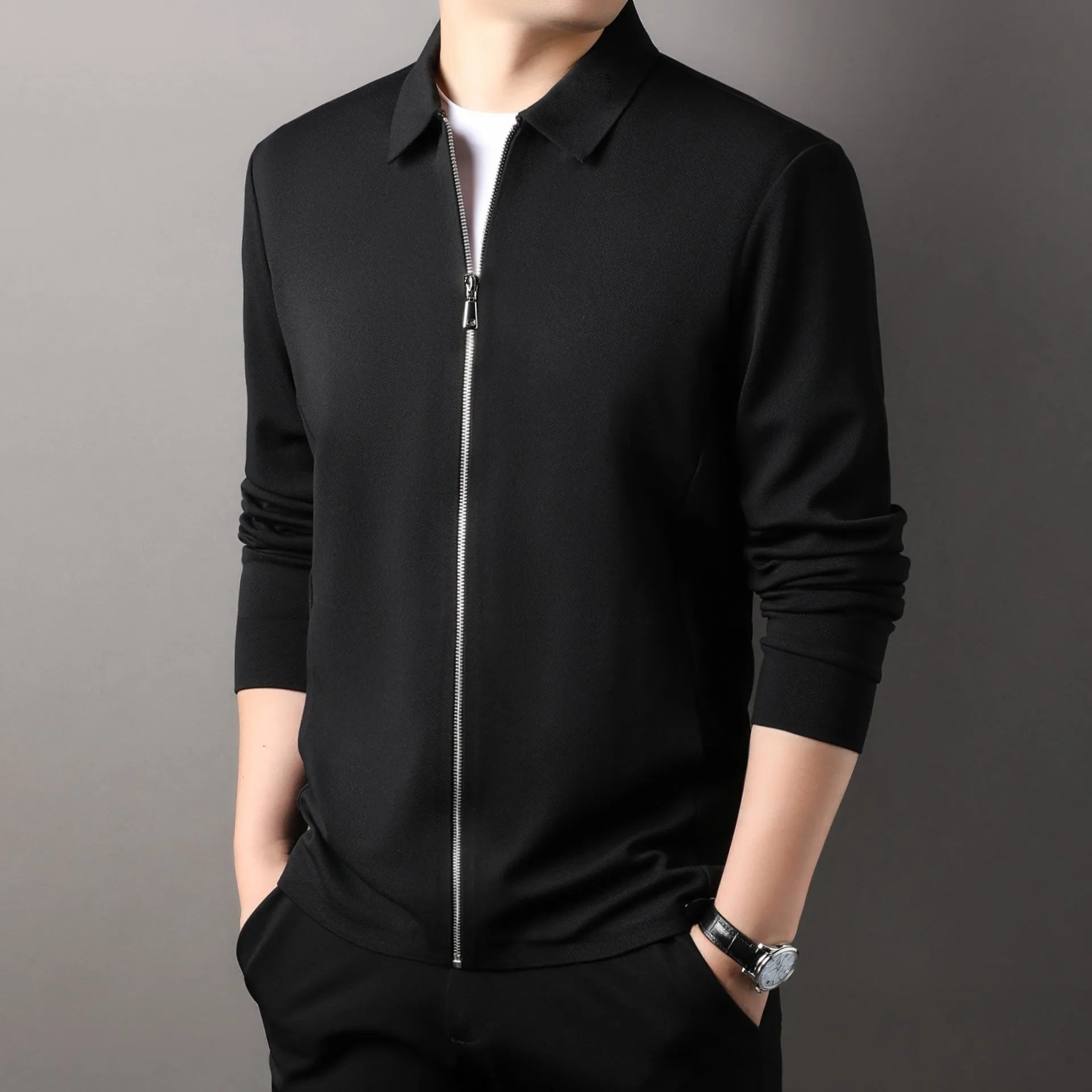 Men's polyester jacket in apricot, black, or dark grey with straight hem and regular sleeves.