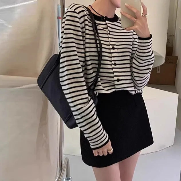 Dark grey and white striped French style women's slim fit cardigan sweater coat