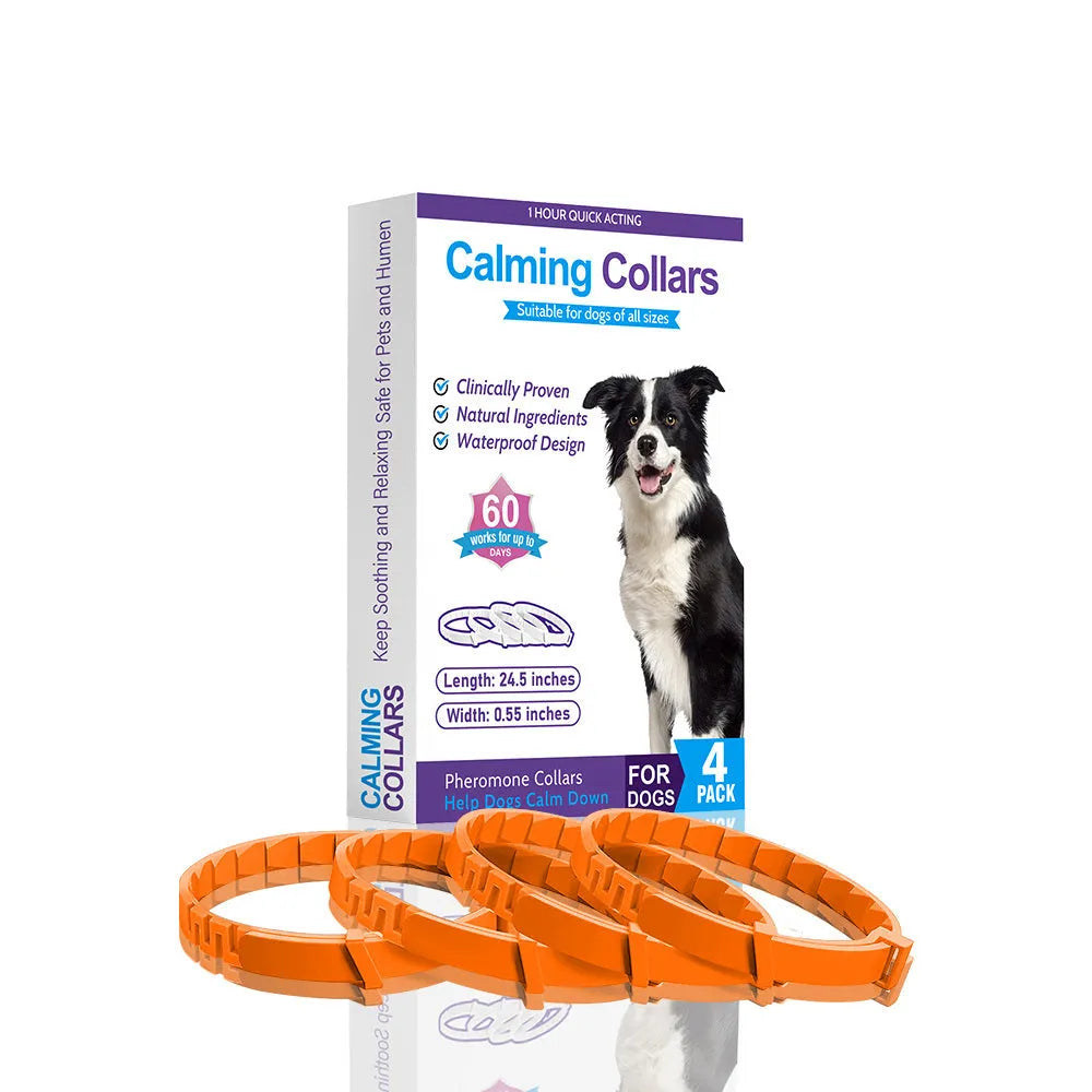Four dog anxiety relief collars in different colours with monochrome Chinese style pattern