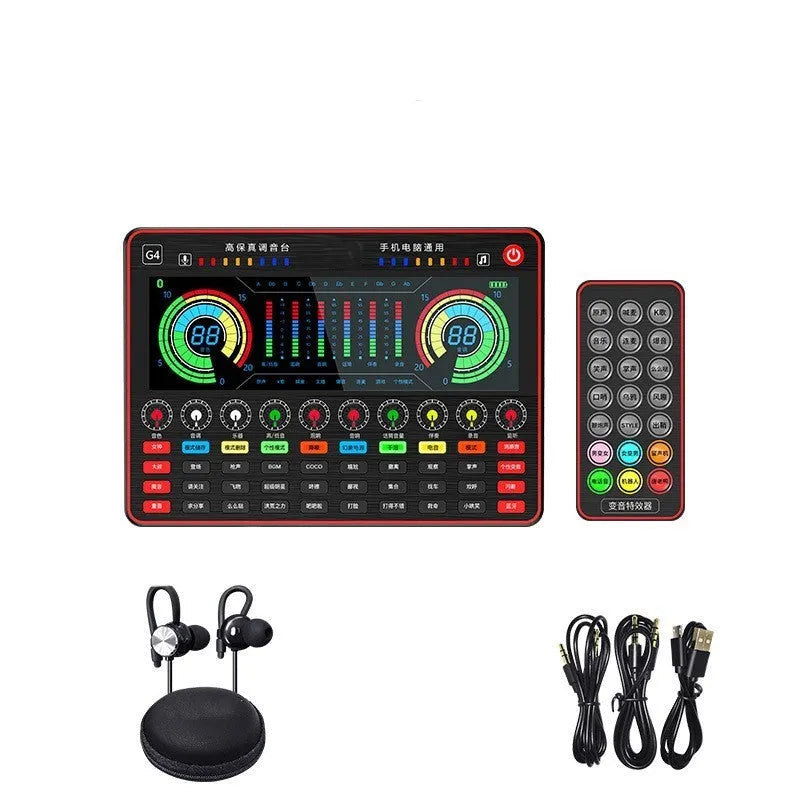 G4 professional sound card mixer with colourful LCD display, connected microphone, and included cables and remote control.