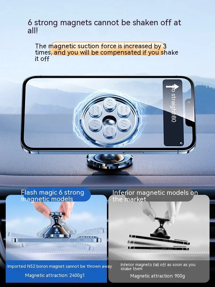 Shiny black magnetic car phone holder with dashboard adhesive mount and alloy construction