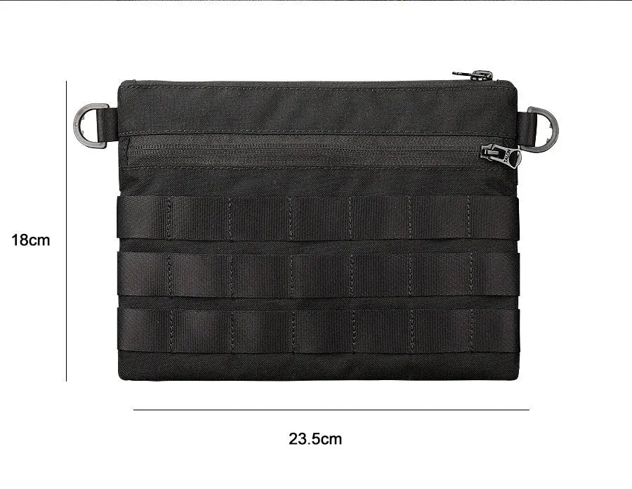 Black solid colour oxford cloth portable outdoor organiser bag with 18cm by 3.5cm dimensions.