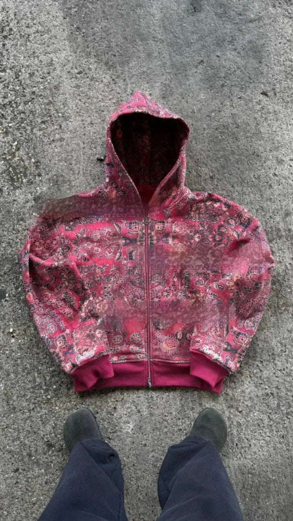 Red or blue digital print men's hooded zip coat with loose fit design and long sleeves