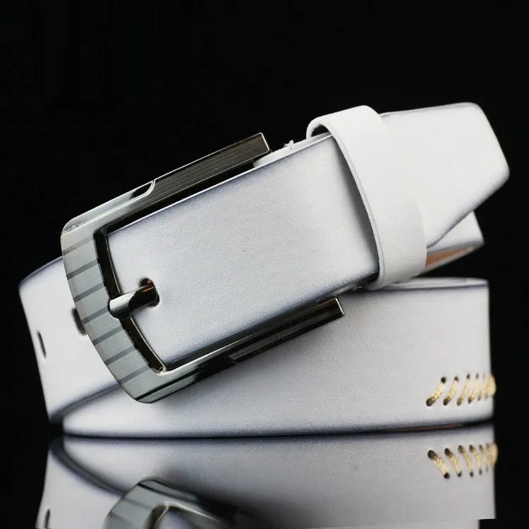 Men's brown retro pattern belt with a silver alloy pin buckle on a white background.