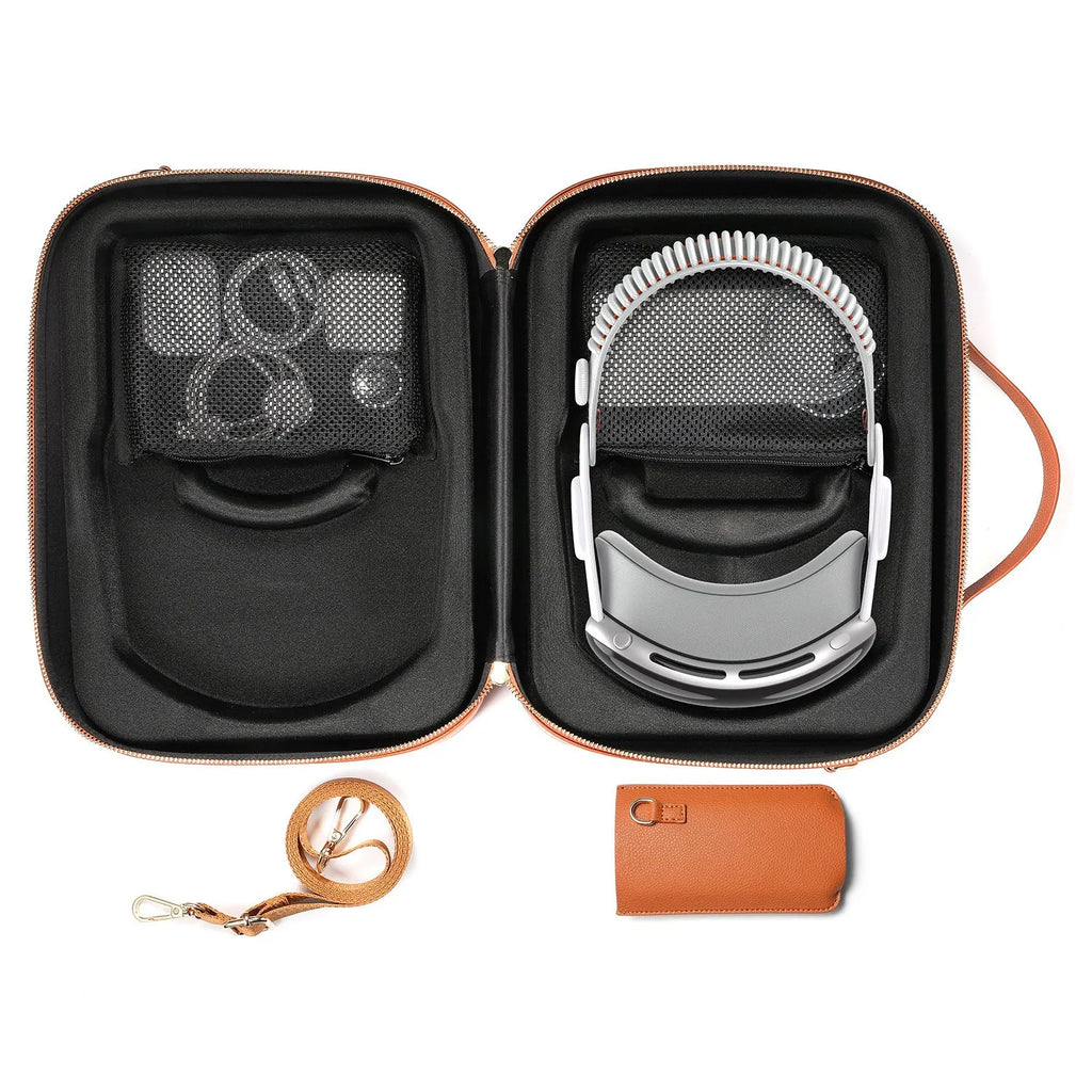 Black superfiber MR glasses storage box for Apple Vision Pro, shown with included storage bag.