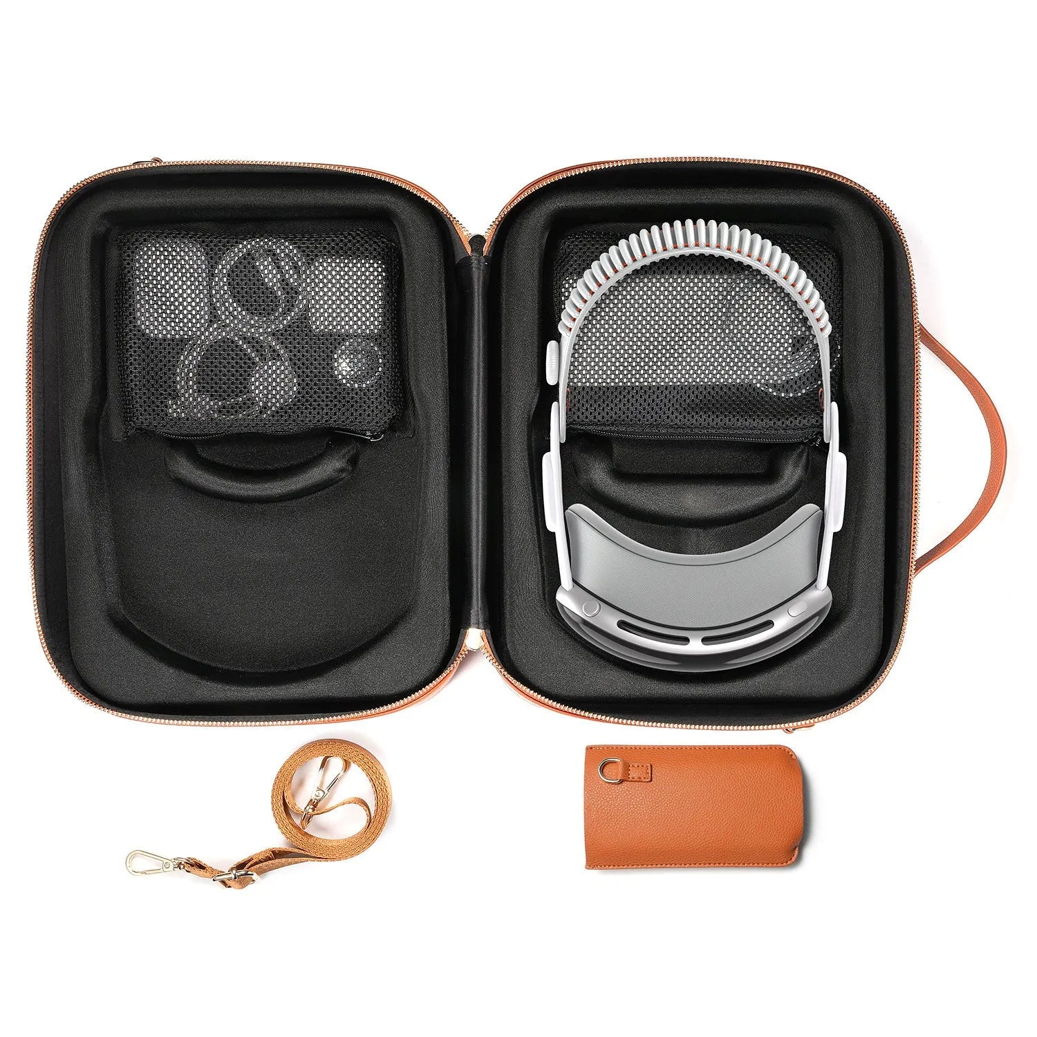 Black superfiber MR glasses storage box for Apple Vision Pro, shown with included storage bag.