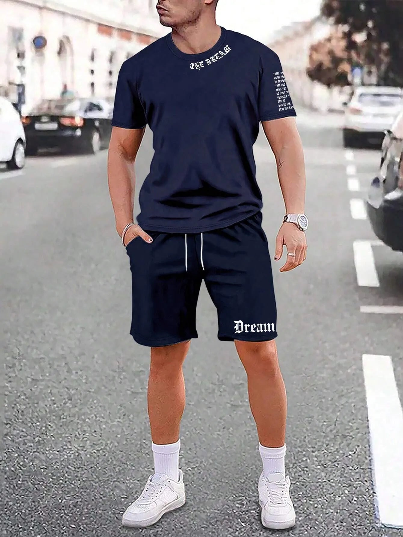 Men's blue short sleeve shirt and matching shorts casual sports outfit