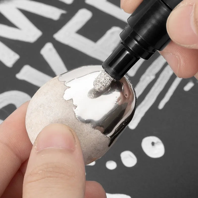 Waterproof mirror marker pen with plastic body, shown with 1mm and 2mm tip size options.