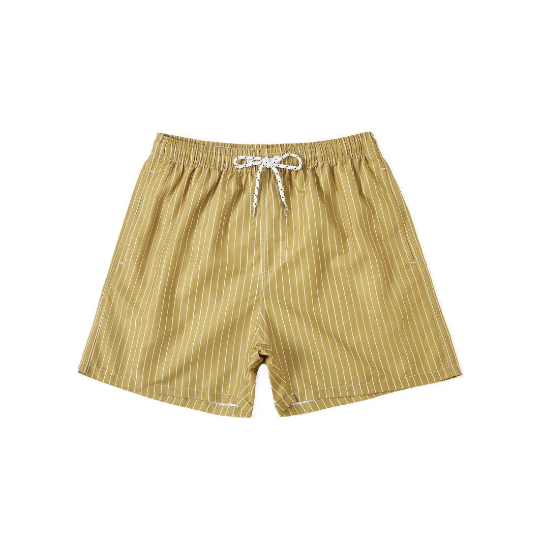 Polyester striped beach shorts with straight leg opening in navy blue, grey, khaki, or light blue colour options