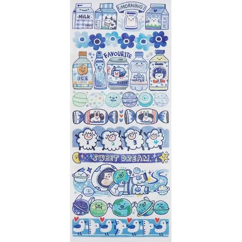 Sheet of cute cartoon character stickers printed on Japanese paper for stationery decoration.