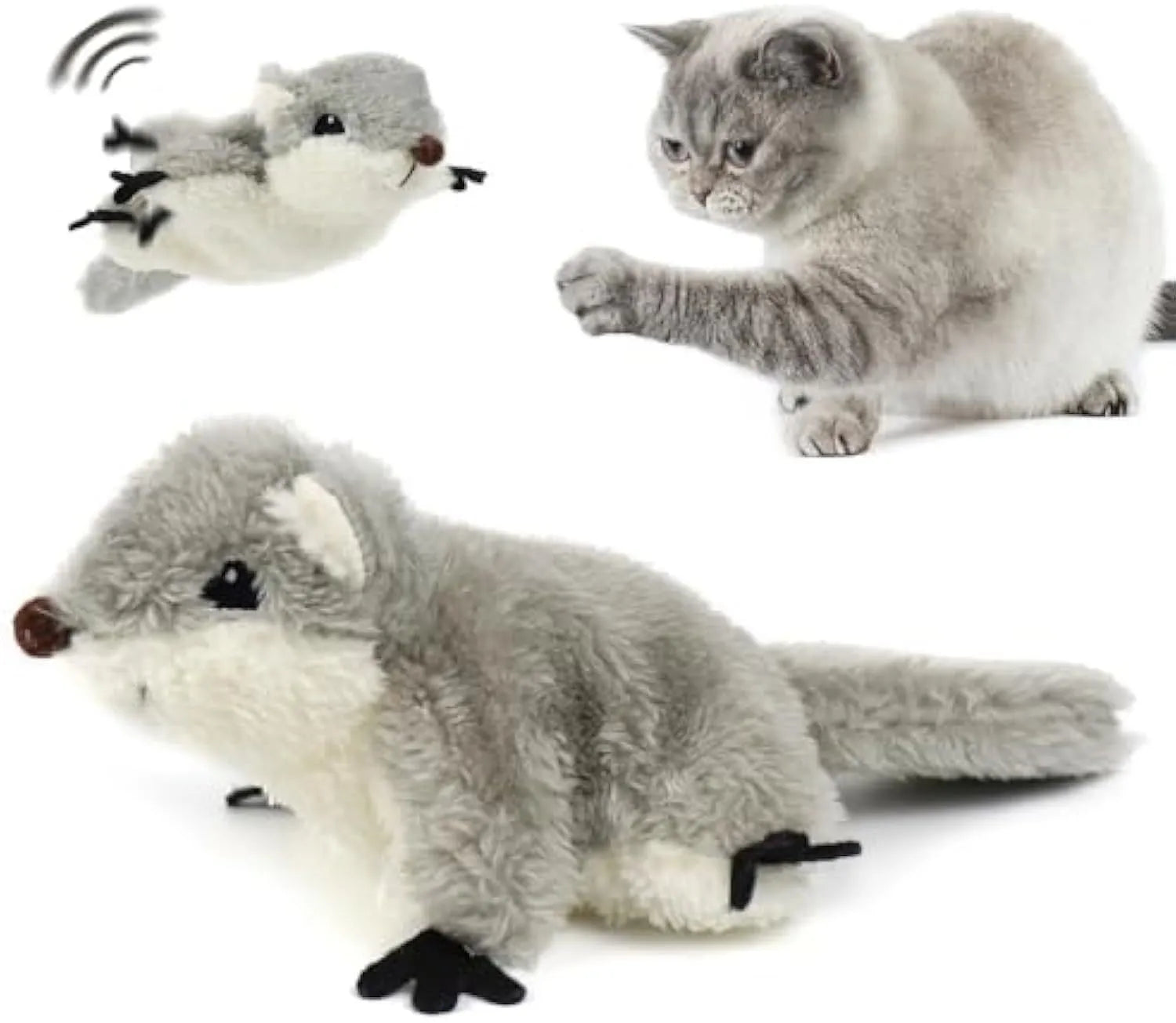 Grey flapping squirrel cat toy with USB charging cable on neutral background