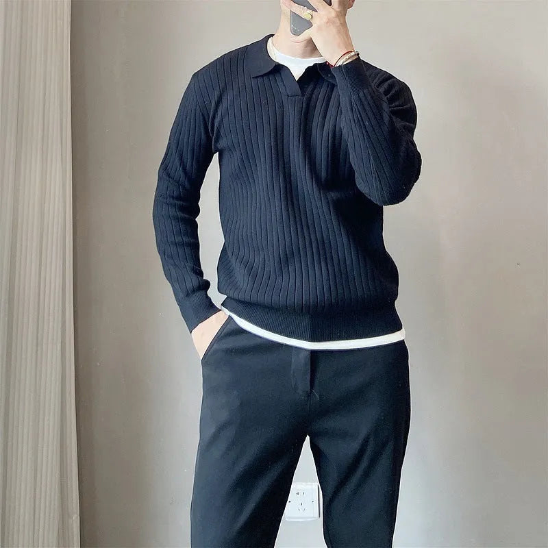 Men's modal rabbit fur knitted pullover sweater in loose fit showing striped lapel detail