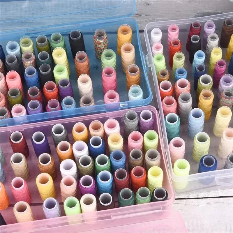Transparent plastic storage box with 42 small compartments for organising sewing threads and embroidery floss.